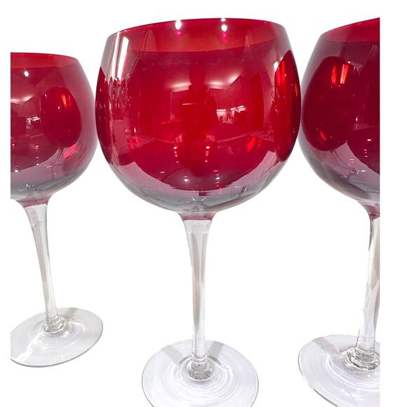 Ruby Red Elegant Balloon Wine Glasses Goblets with Clear Stem-Set of 4 - Picture 4 of 9